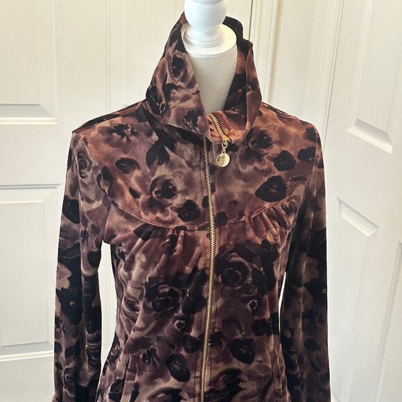 NWT! Style & Co Sport Womens Chocolate Brown Floral Full Zip Velour Jacket Small - Picture 1 of 13